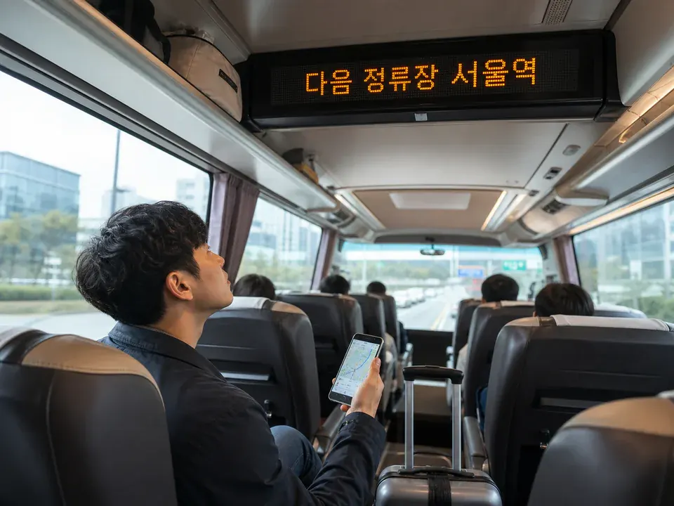 Airport-bus passenger checking the next-stop display and phone map before getting off