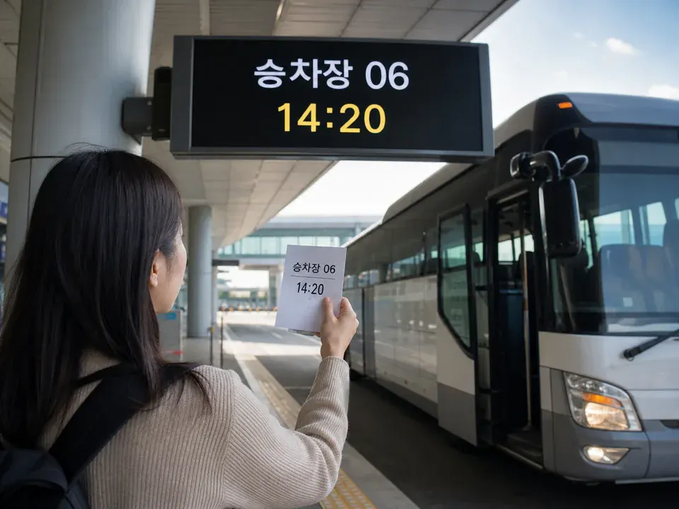 공항버스 승차권과 전광판의 승강장 번호·출발 시각을 대조하는 안내 이미지