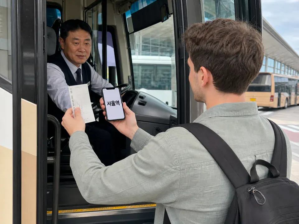 Traveler showing an airport-bus driver a ticket and a Korean destination saved on a phone