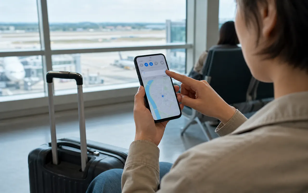 Traveler testing a map on mobile data after installing an eSIM at the airport