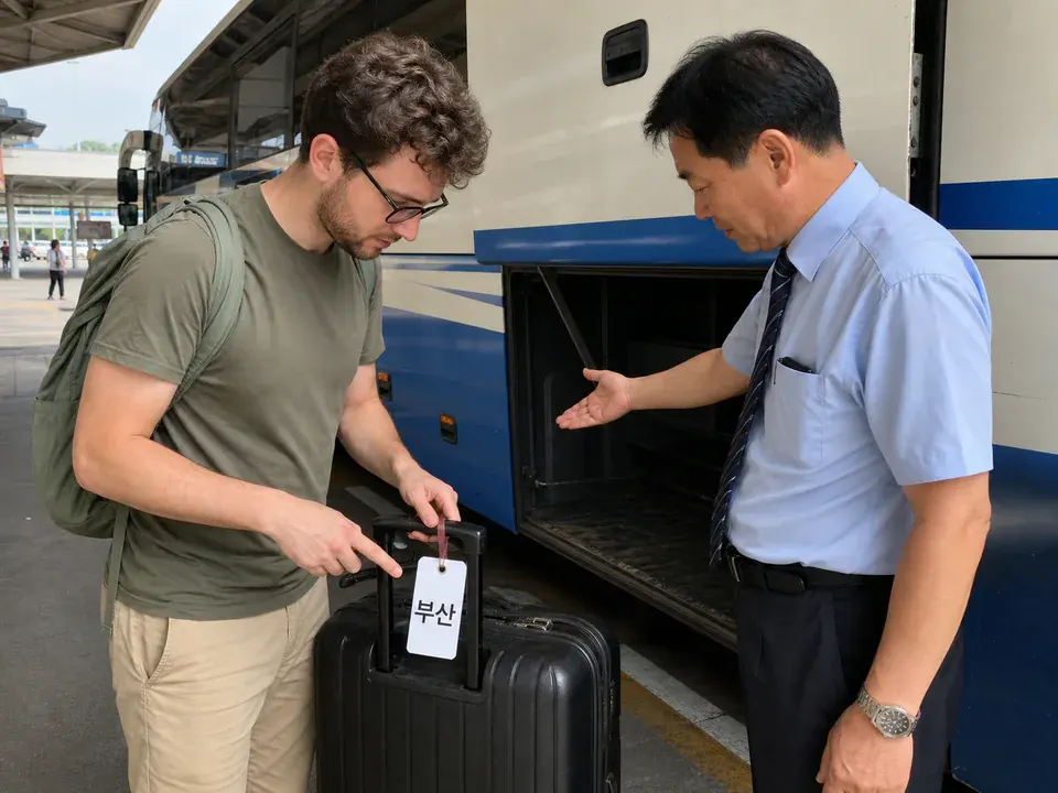 Traveler confirming a suitcase destination tag with an intercity-bus driver before loading