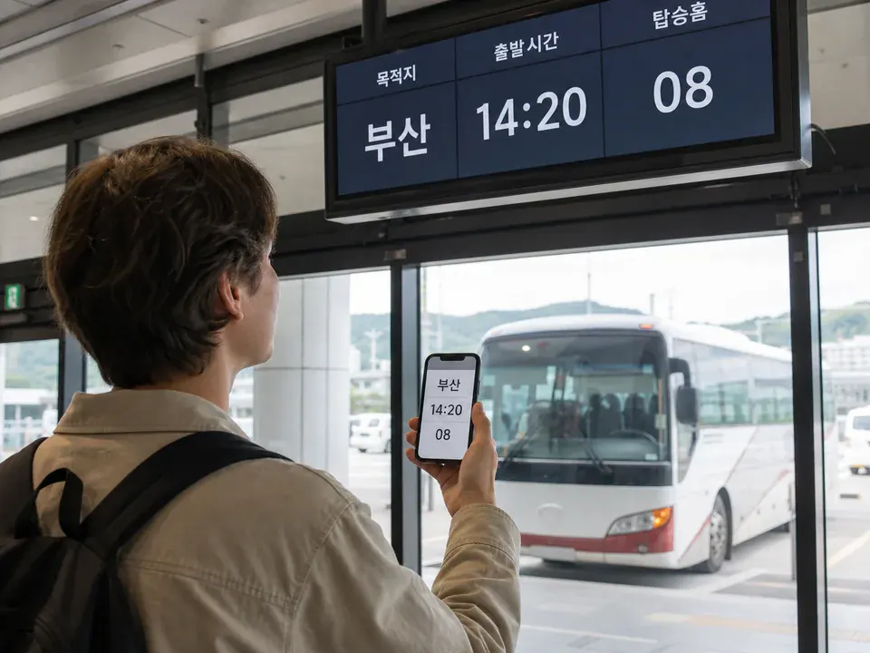 시외버스 승차권과 전광판의 목적지·출발 시각·승강장을 대조하는 안내 이미지