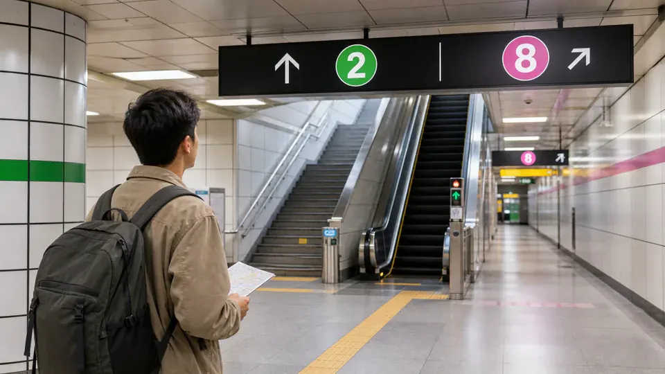 Illustrated transfer corridor from Seoul Subway Line 2 to Line 8 at Jamsil Station