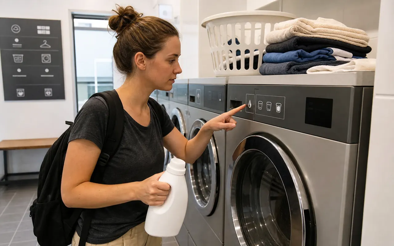 Traveler checking a laundromat washer for automatic detergent dispensing