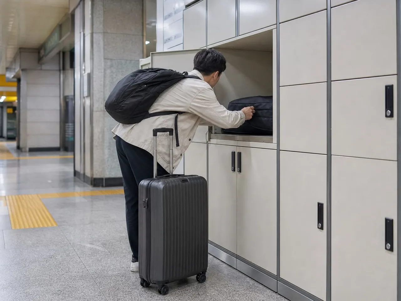 Traveler checking whether luggage fits inside a subway-station locker