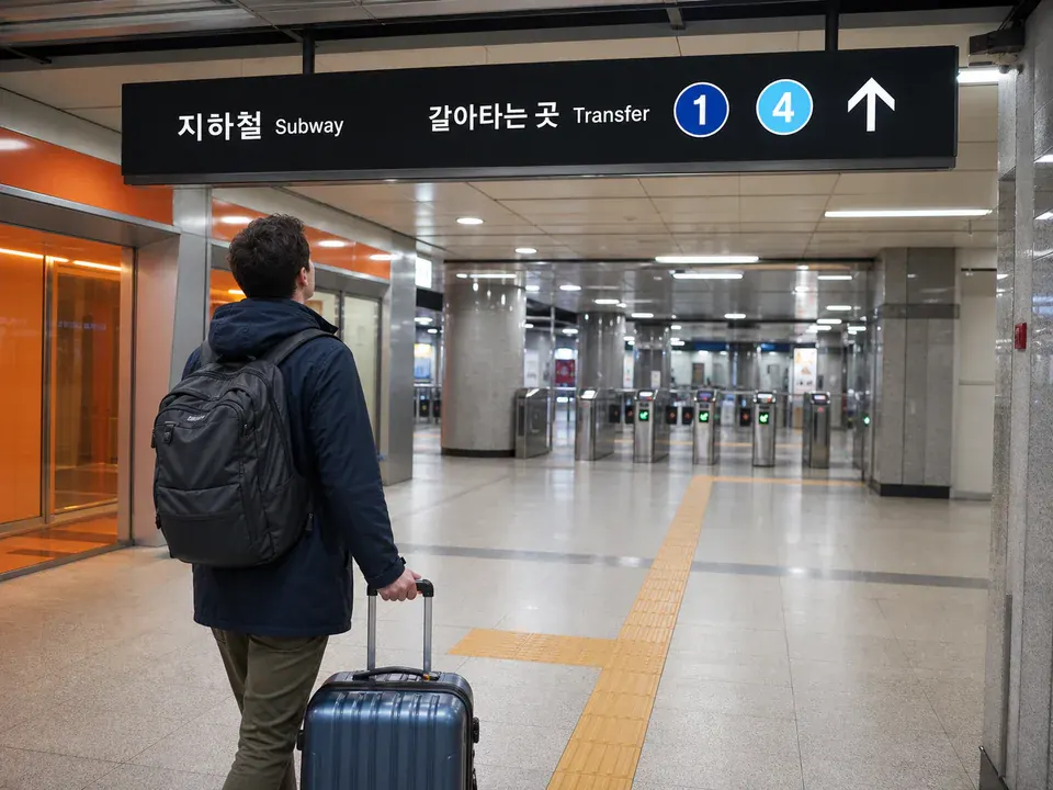 Traveler following Seoul Station signs for Subway, Transfer, Line 1, and Line 4 toward the subway gates