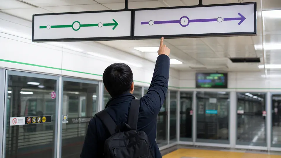 Illustrated traveler checking subway line colors and train direction signs