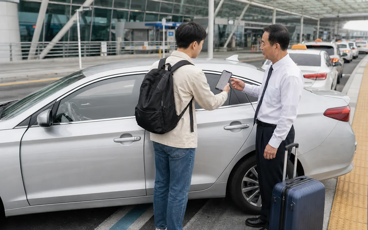 Traveler showing a Korean destination on a phone to an airport taxi driver before loading luggage