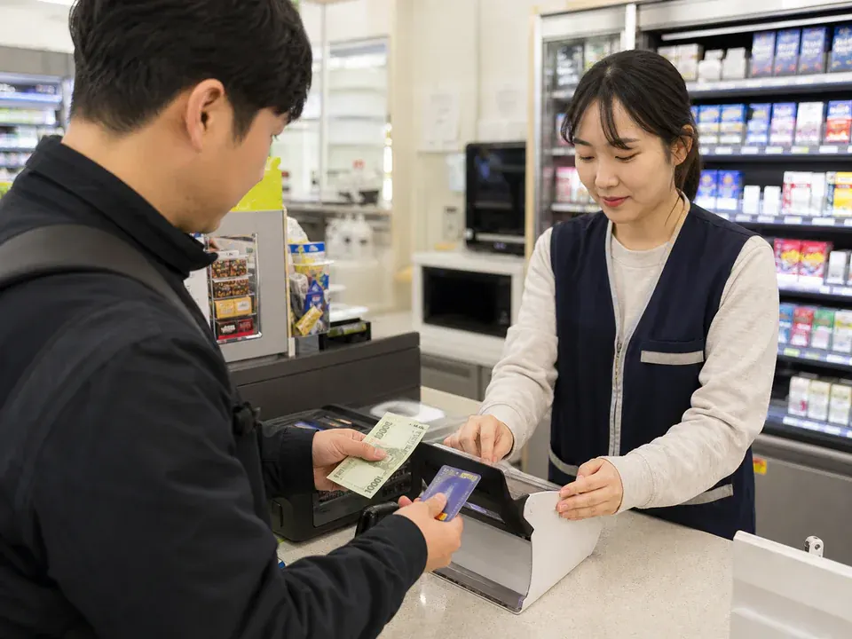 Traveler handing cash and a transit card to a convenience-store cashier for reload
